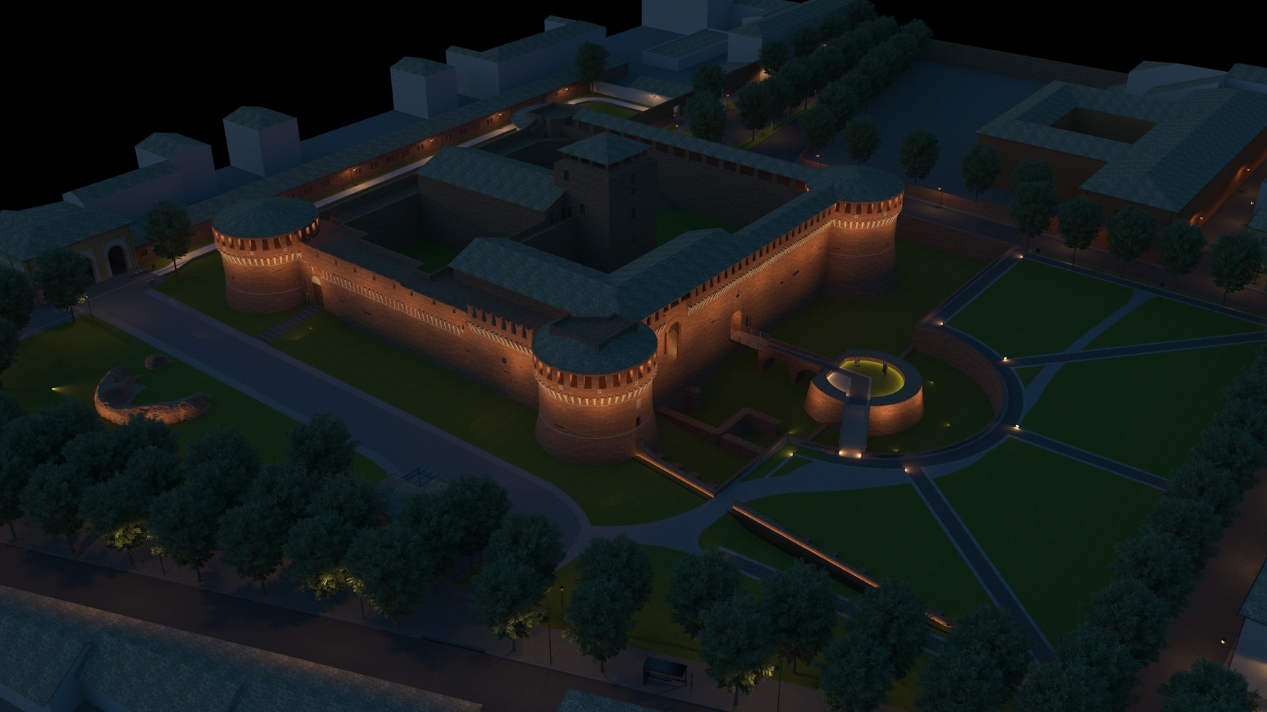 Render della nuova illuminazione della Rocca Sforzesca
